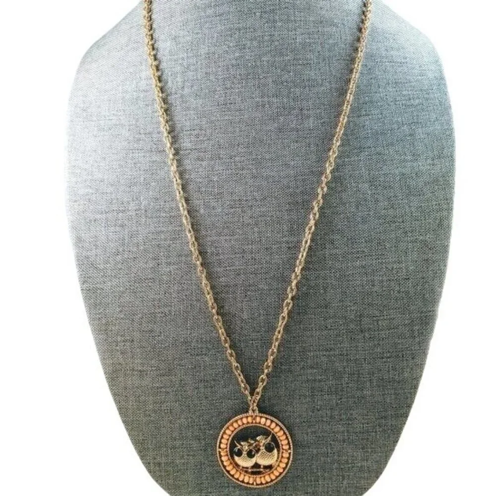 NWT Laila Rowe Long Gold Tone & Peach Owl Necklace